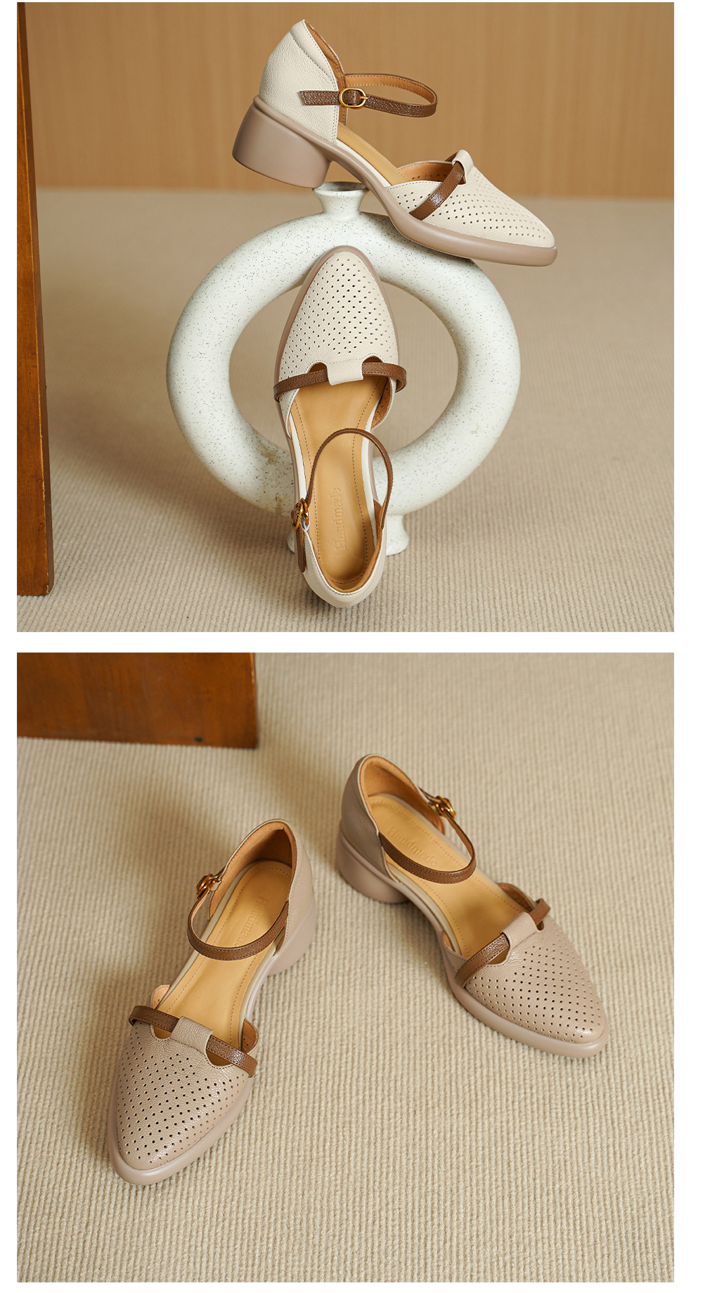 Sandal nữ quai ngang da dê mũi tròn gót vuông cao 9 cm — màu trắng ngà chi tiết 12