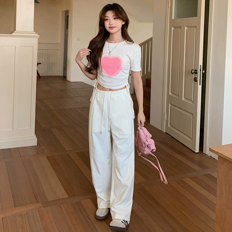 Comfortable autumn fitted casual trousers, American style, loose straight fit, drawstring, elastic waist