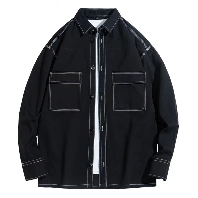 American-style heavy cotton workwear long-sleeved shirt men's Hong Kong style casual design shirt jacket loose men's fashion