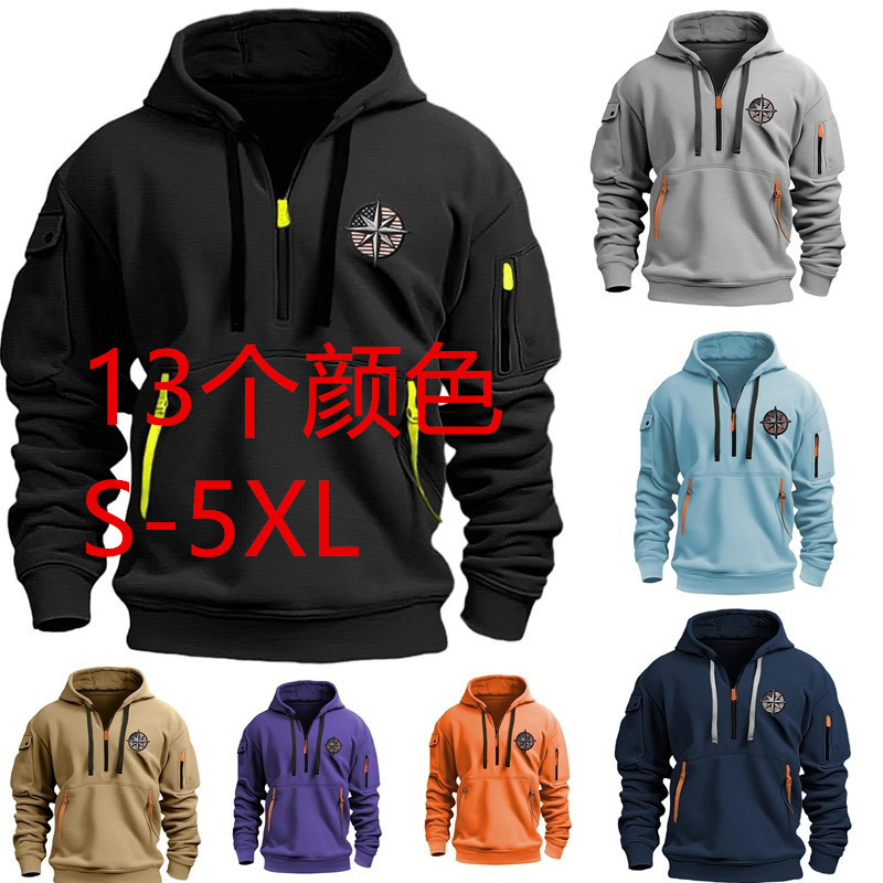 Men's Casual Sports Multi-Zip Arm Embroidered Badge Sweatshirt Pullover Hoodie