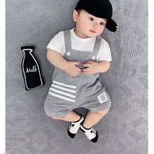 夏季薄款条纹纯棉短袖t恤短裤套装帅气男宝宝衣服天婴儿连体哈衣