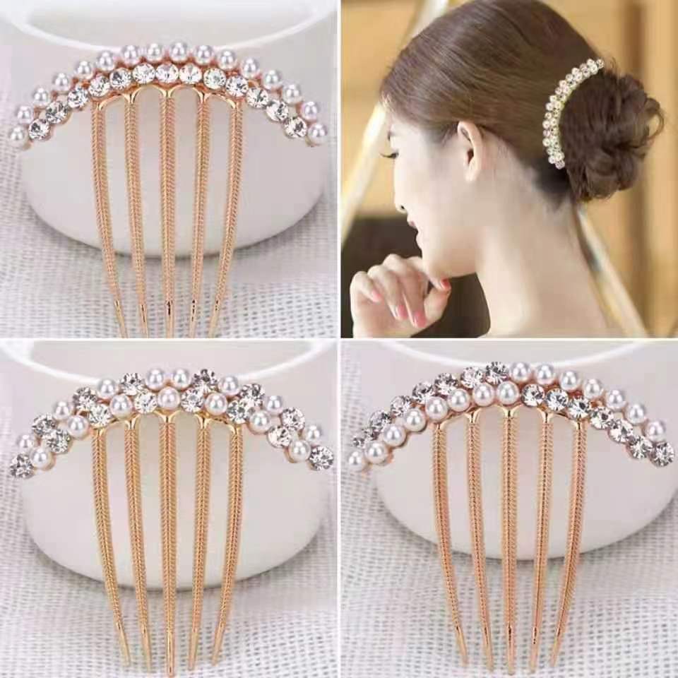 Pearl and Diamond Disc Hairpin, Medium Alloy Insert Hair Clip, Korean Bob Hairstyle, Pearlescent Hair Accessory, Hairpin