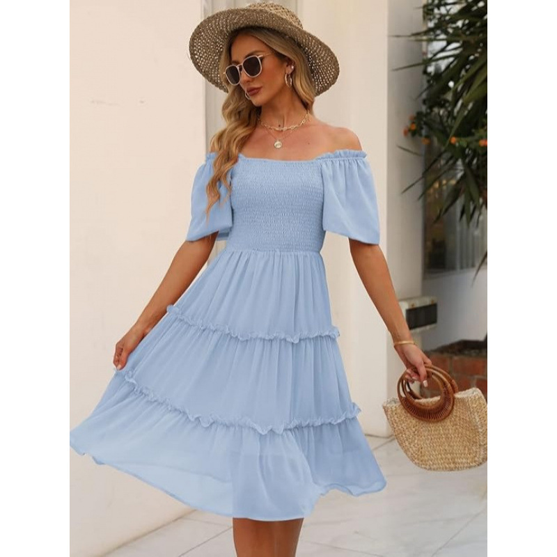 2024 Summer Cross-Border Aliexpress Amazon Chiffon Casual Butterfly Sleeve Square Neck Ruched Mid-Length Dress 2024 Summer Cross-Border Aliexpress Amazon Chiffon Casual Butterfly Sleeve Square Neck Ruched Mid-Length Dress