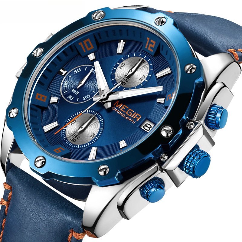 【新品美格尔MEGIR多功能计时男女通用真皮石英表】型号：2074M。