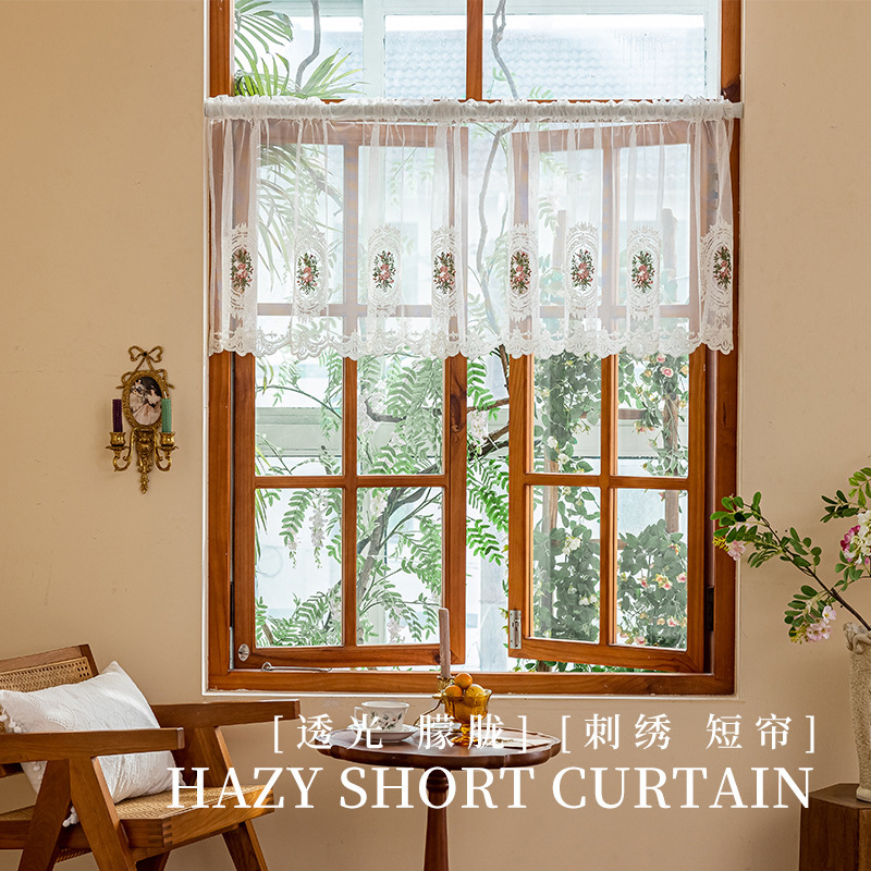 White Mouse Home Decor Clear and Ethereal Light-Transmitting Short Curtain French White Sheer Embroidered Floral Lace Trim Half Curtain