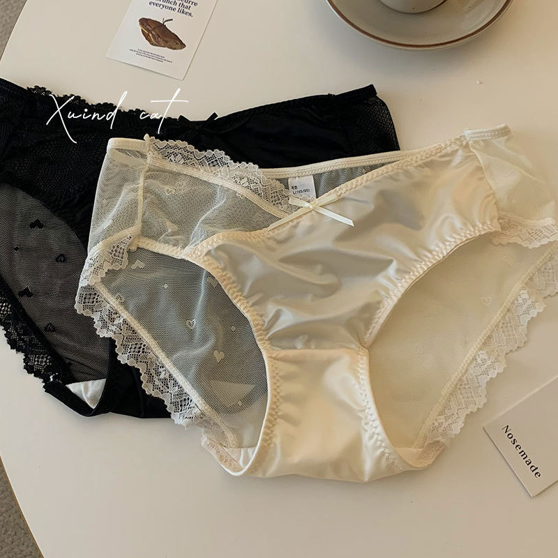 Pure satin ice silk girl underwear for women lace sexy breathable comfortable mesh bow briefs