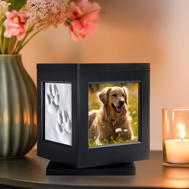 Urna de madera transfronteriza urna funeraria de perros y gatos para mascotas impresa de barro impresa de garra caja conmemorativa marco de cinta de madera sólida