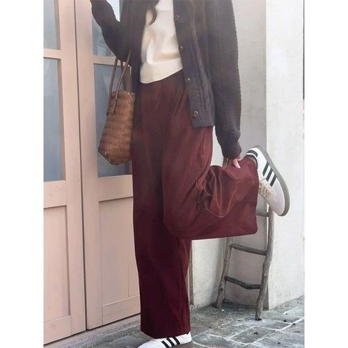 Angola Red Autumn/Winter Fleece Lined Thick Corduroy Wide Leg Pants for Petite Figures, Slimming Loose Large Size Pants for Plus Size Women