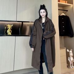 春秋新款风衣撞色三条杠长款拉链大牌感连帽宽松百搭简约长袖外套