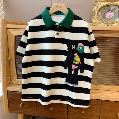 Boys and girls loose POLO shirt 2023 new summer style medium and large children Korean version cartoon loose lapel striped T-shirt trendy