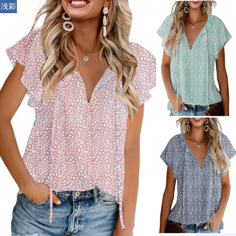 European and American Style Chiffon Printed T-Shirt for Women, Summer Loose Fit with Ruffle Sleeves, Short-Sleeve Top with a High-End Feel, Casual Pullover European and American Style Chiffon Printed T-Shirt for Women, Summer Loose Fit with Ruffle Sleeves, Short-Sleeve Top with a High-End Feel, Casual Pullover