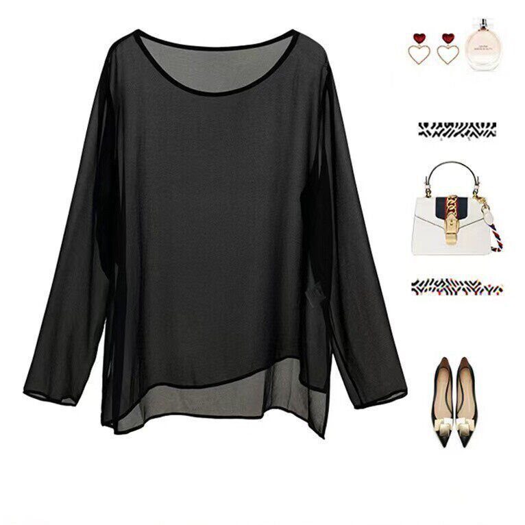 2026 Autumn Black Thin Long-Sleeve T-Shirt for Women, Round Neck Top, Loose Fit, Elegant Mesh Cover-Up, Solid Color, Simple Design