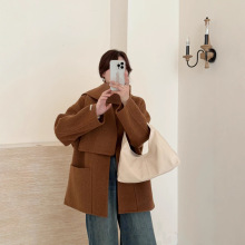 时髦博主风2025秋冬围脖设计感圆领羊毛双面呢中长款加厚大衣外套