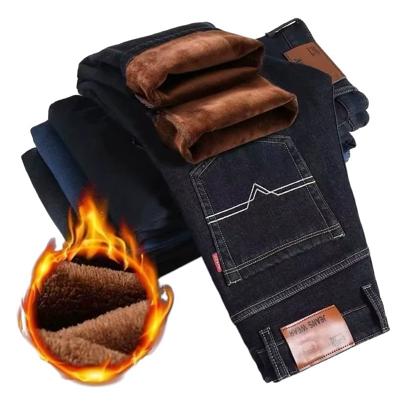 Оптовая продажа мужских джинсов бархатные толстые зимой теплые свободные прямые прямые новые длинные брюки среднего возраста