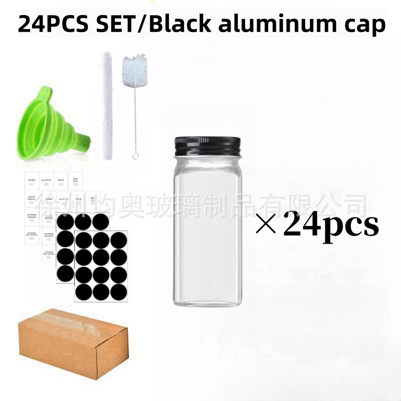 [검은색 알루미늄 캡 모델] 조미료병 24개 세트(마커, 스티커, 깔때기, 브러쉬 포함)