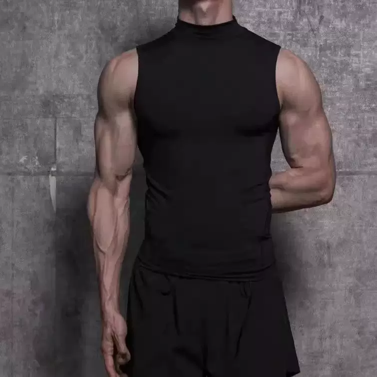紧身运动坎肩半高领背心男中领纯色健身打底衫立领宽肩无袖T恤衫