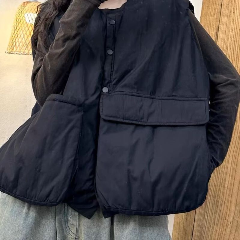 花楼出品2025秋冬新款休闲百搭文艺风V领按扣夹棉灯笼马甲女|undefined