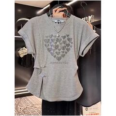 夏の新しい中国風のプラスサイズファットmmウエスト半袖ラブホットダイヤモンドTシャツ痩身お腹カバーデザイン半袖トップ