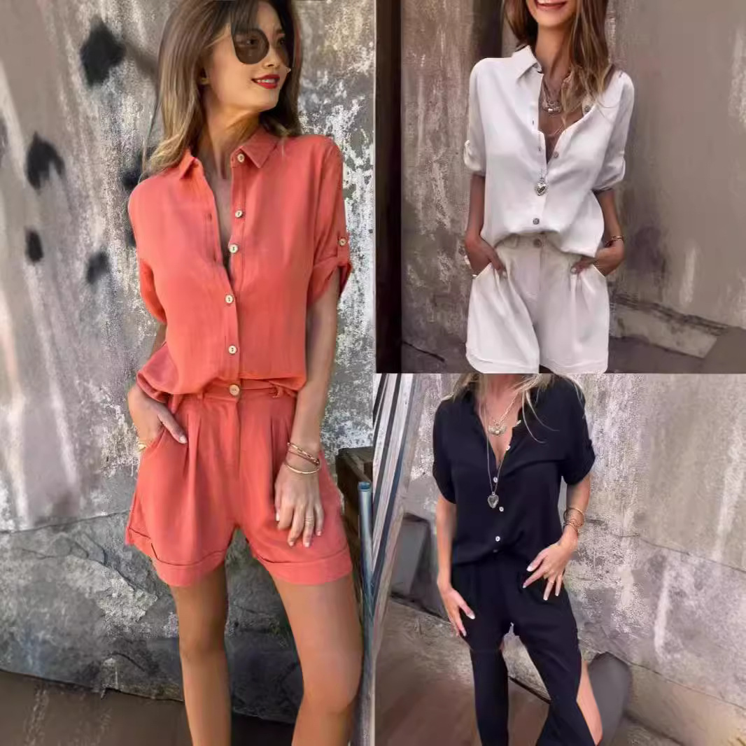 2024欧美速卖通亚马逊TEMU跨境春夏季新款棉麻短袖短裤休闲套装女