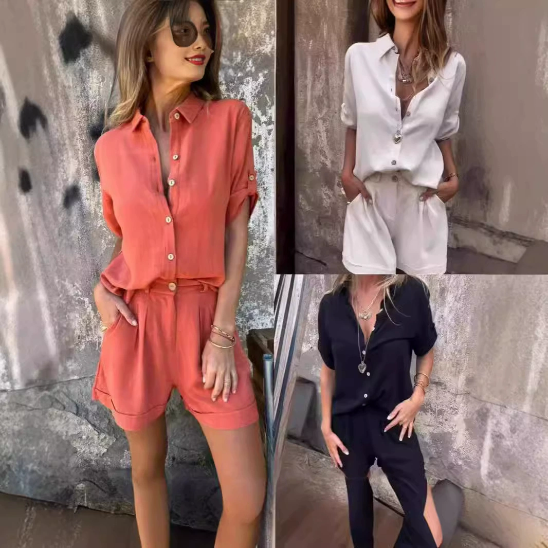2024 Европа и Америка AliExpress Amazon TEMU трансграничная весна лето новые хлопковые и льняные шорты с короткими рукавами повседневный набор женщин