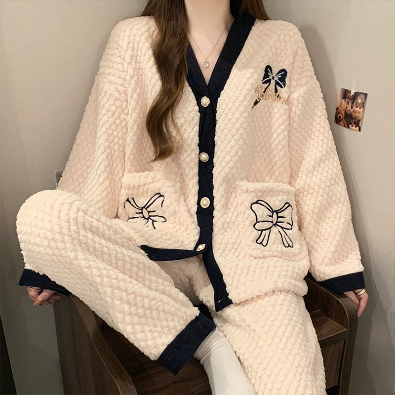 Демисезонная пижама из кораллового бархата, тёплый фланелевый комплект