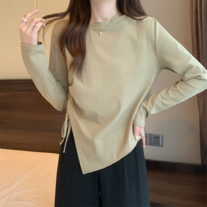 Korean Style Versatile Long-Sleeve T-Shirt for Women, Spring 2026 New Design with Drawstring, Irregular Slimming Inner Wear Korean Style Versatile Long-Sleeve T-Shirt for Women, Spring 2026 New Design with Drawstring, Irregular Slimming Inner Wear