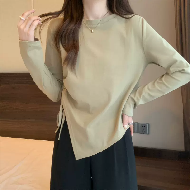 韩版百搭长袖t恤女春季2025新款设计感抽绳不规则显瘦内搭上衣服