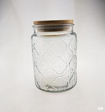 复古海棠浮雕玻璃密封罐杂粮瓶竹盖茶叶罐透明玻璃储物罐 糖果罐