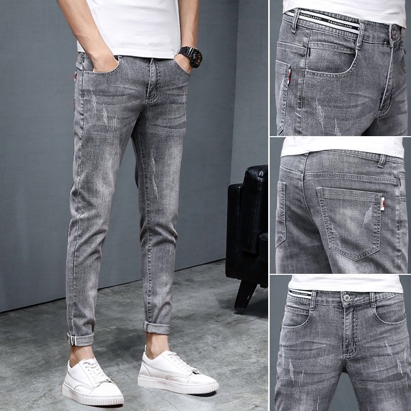 Koreanische Version von Jeans, trendige Herren-Jeans mit kleinem geradem Bein, elastische Slim-Fit-Passform, Winterplüsch und verdickter Trend bestickt_voghion.com