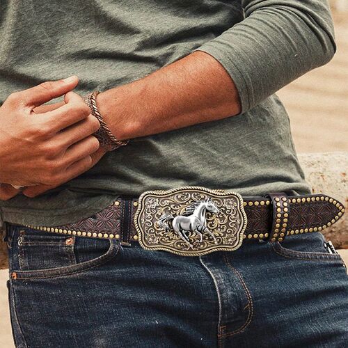 Western Cowboy Belt Trendy Retro Youth Punk Floral Men's Rivet Leather Belt