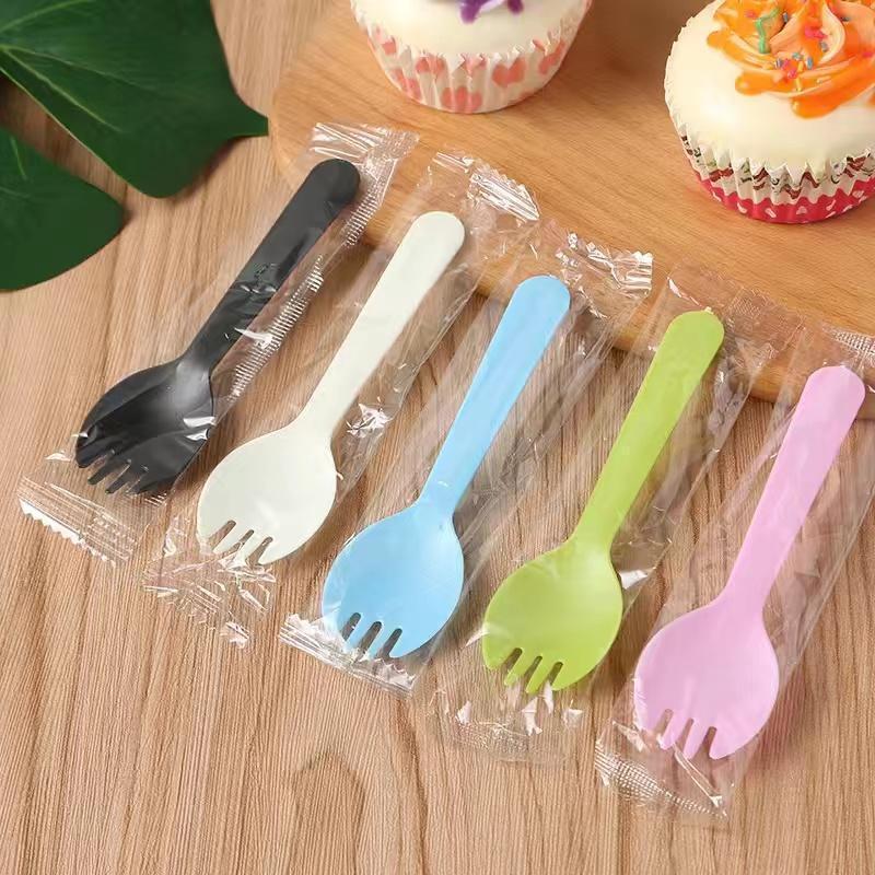 Matte Black Colored Disposable Individually Packaged Cake Fork and Spoon, Transparent Mousse Spoon, Matte Black Color