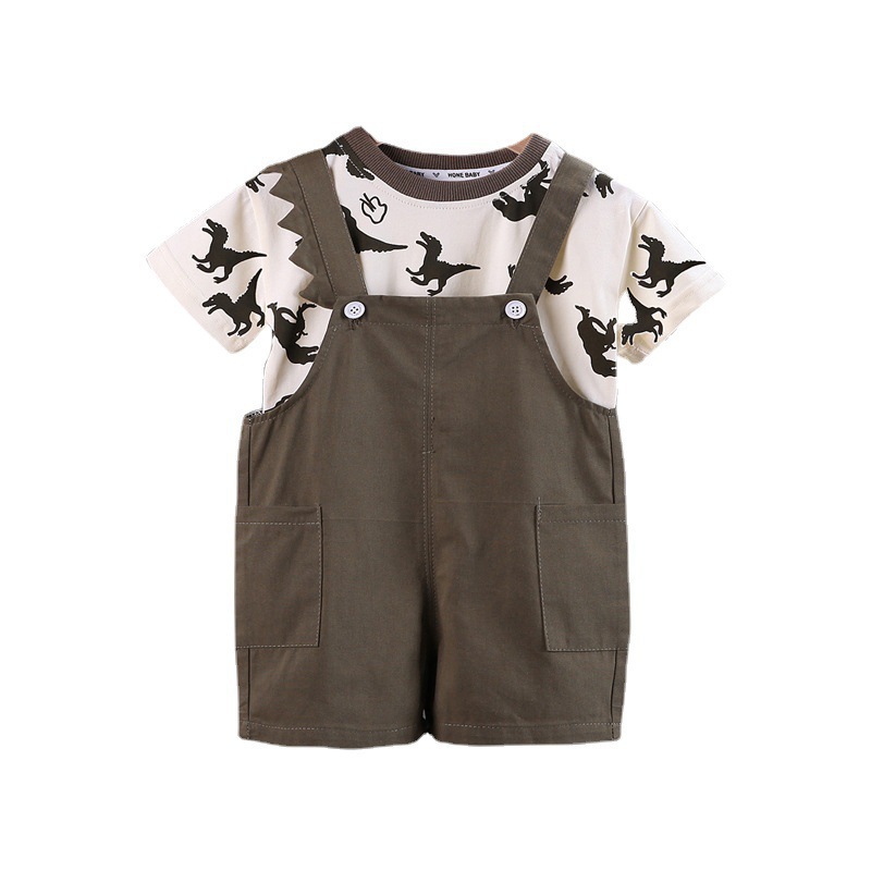 Ensemble de jeu 2 pièces à imprimé dinosaure pour garçon, comprenant un t-shirt à manches courtes et une salopette short, pour les enfants de 0 à 5 ans._voghion.com