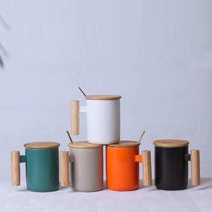 Nordic style wooden handle ceramic mug artistic water cup milk coffee cup holiday event gift printed logo