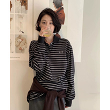 现 2025冬季新款韩国设计师mon*ha松弛感条纹polo长袖衬衫