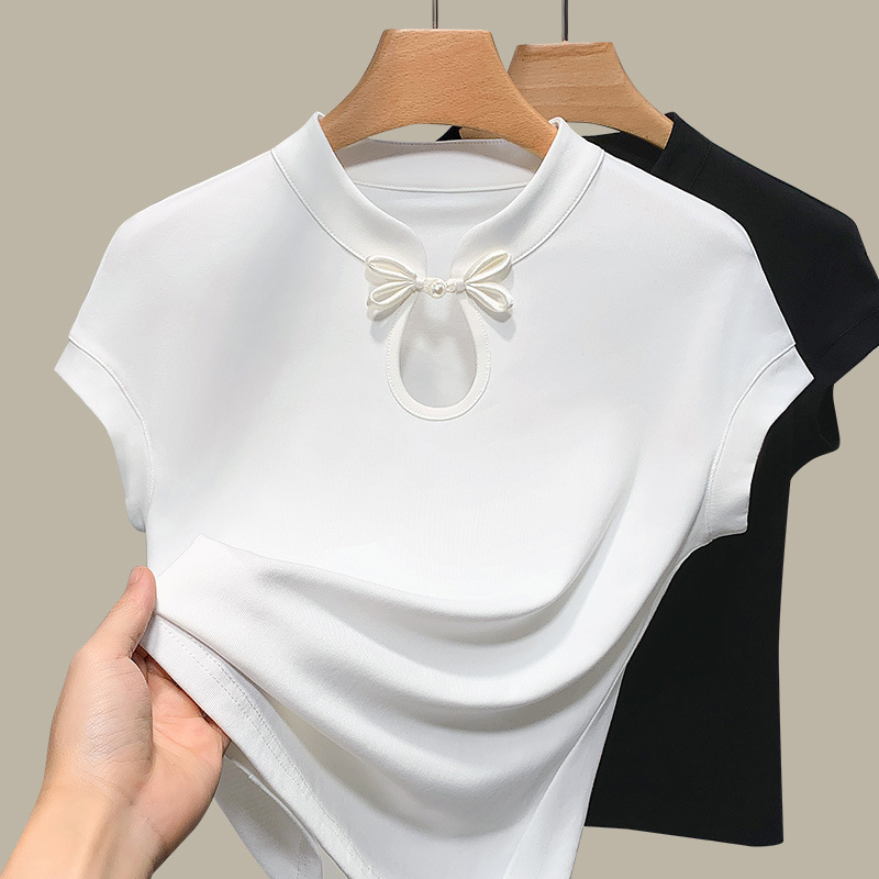Camiseta de manga corta de cuello vertical para mujeres verano 2025 nueva camiseta de algodón de manga de color sólido de estilo chino nueva camiseta de hebilla de estilo chino