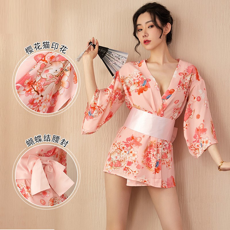 Retro Japanese style cherry blossom printed cardigan waist slimming bow pajamas women's homewear suit 1042
