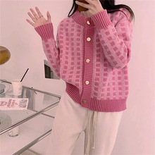小清晰粉色格子針織外套女千鳥格甜美軟糯系復古ins網紅開衫毛衣