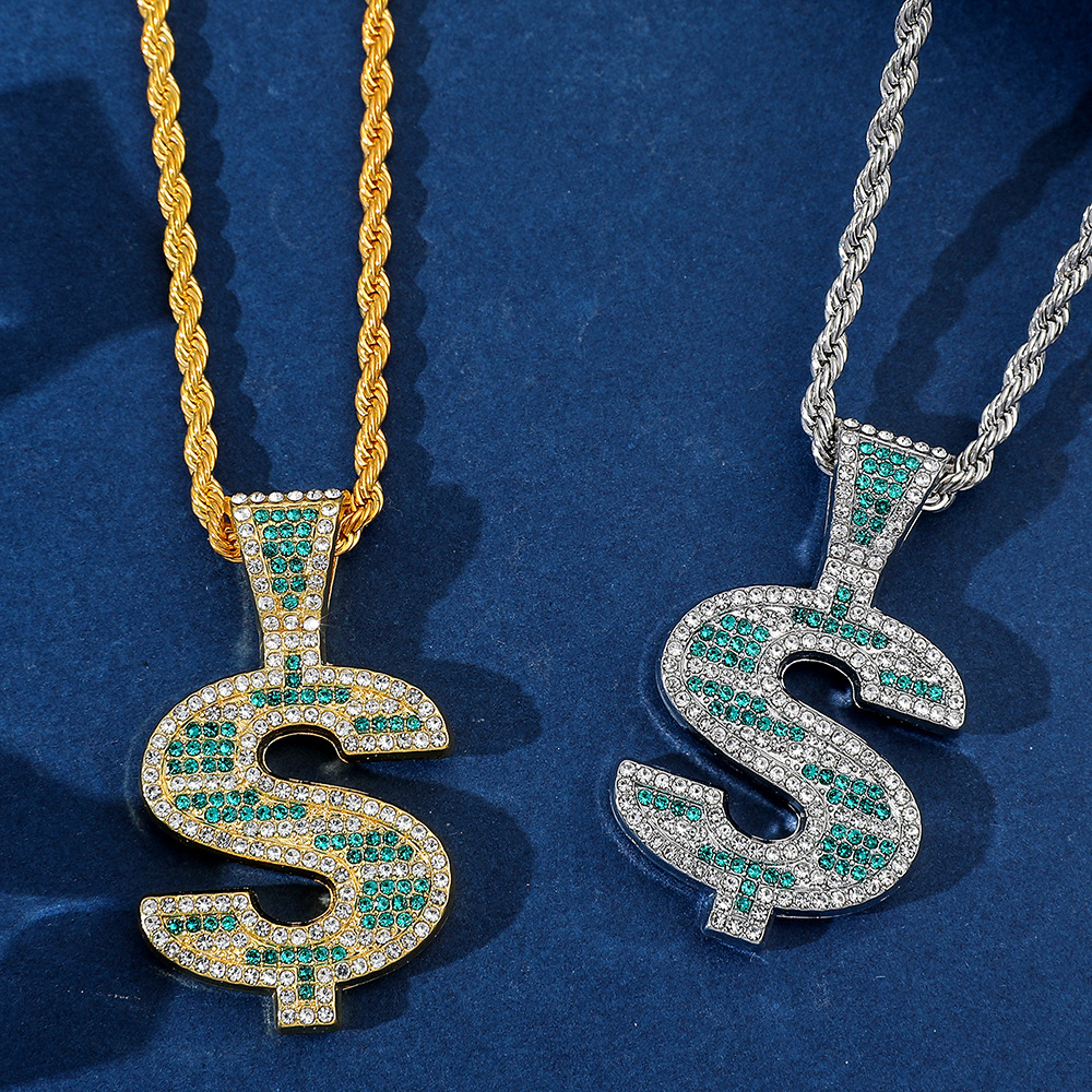 Hot selling US dollar necklace hip hop personality trend necklace, diamond studded US dollar rotating pendant necklace_voghion.com