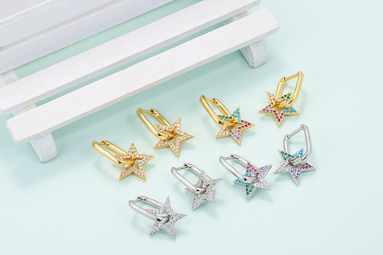 Copper Material Geometric Pattern Korean Hollow Five-pointed Star Zircon Earrings Wholesale