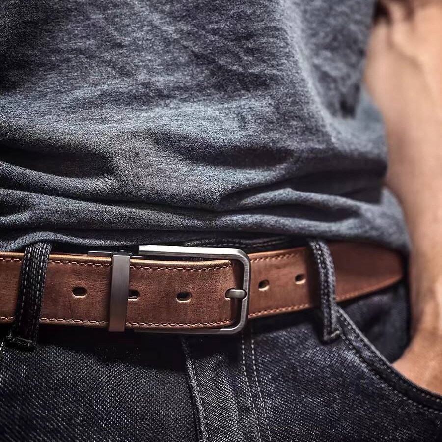 Handmade Top Layer Vintage Vegetable Tanned Pure Cowhide Pin Buckle Men's Workwear Pants Distressed Genuine Leather Belt_voghion.com