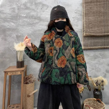 大码斜襟保暖棉服女冬季新印花棉麻加棉外套立领短款加厚棉衣宽松