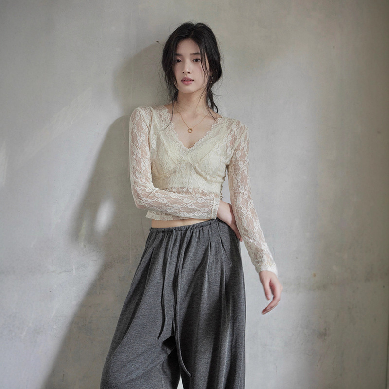 贰羊设计【花未央】国风新中式v领蕾丝打底衫纯欲内搭长袖上衣女|undefined