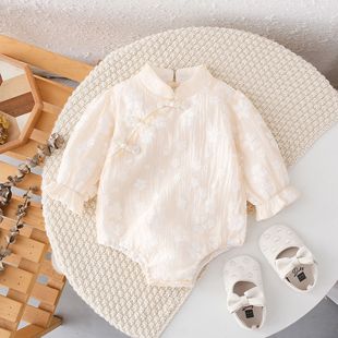 Baby Cheongsam Spring and Autum Newborn Baby Clothes Chinese Style Cherry Blossom Jumpsuit Cotton Type a