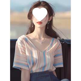 夏季韩系洋气别致上衣宽松百搭领彩色条纹短袖恤女图片色无袖绣花