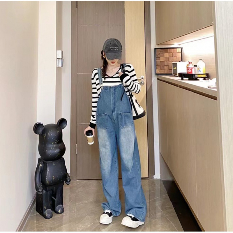 孕婦裝新款時尚條紋撞色針織長袖上衣+復古水洗牛仔背帶褲套裝