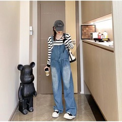 孕婦裝新款時尚條紋撞色針織長袖上衣+復古水洗牛仔背帶褲套裝