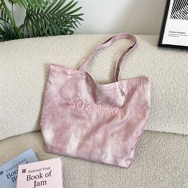 6474 Commuting Large-Capacity Tie-Dye Canvas Bag with Letter Embroidery Design for Girls' Daily Travel and Shopping Shoulder Bag 6474 Commuting Large-Capacity Tie-Dye Canvas Bag with Letter Embroidery Design for Girls' Daily Travel and Shopping Shoulder Bag