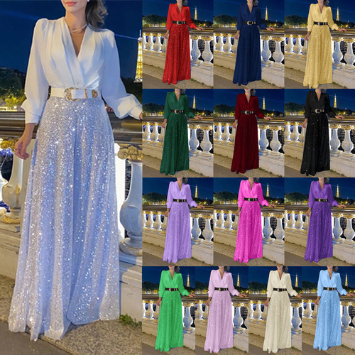 Cross-border European and American-style new fashion V-neck long-sleeved shirt with elegant temperament, waist-defined slimming effect, and sequined wide-leg pants—complete with a belt.