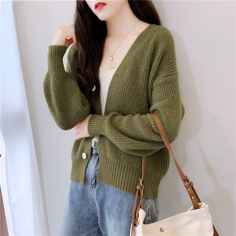 French V-Neck Candy Color Long Sleeve Cardigan Women's Loose Knit Sweater Coat Casual Elegant Outerwear_ecoleips.com