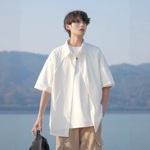 Deconstruction Design Lightweight Luxury Short-Sleeve Shirt for Men Summer Chilled Feeling Striped Solid Color Stiff and Three-Dimensional Ins Five-Sleeve Shirt